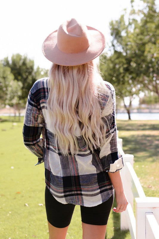 Women Distressed Raw Edge Plaid Print Shirt