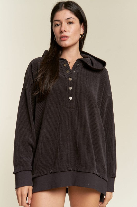 PLUS Long Slv Buton Down Ribbed Hooded Sweatshirt