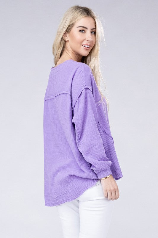 Double Gauze Oversized Henley Women's Blouse