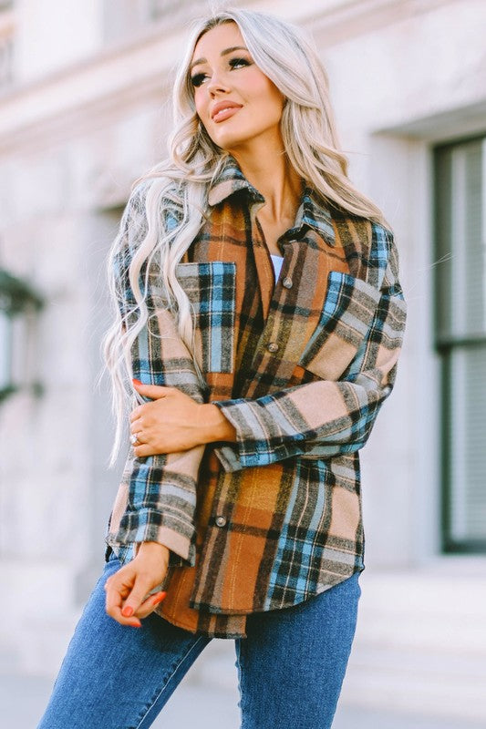 Women Plaid Block Buttoned Shirt with Pockets