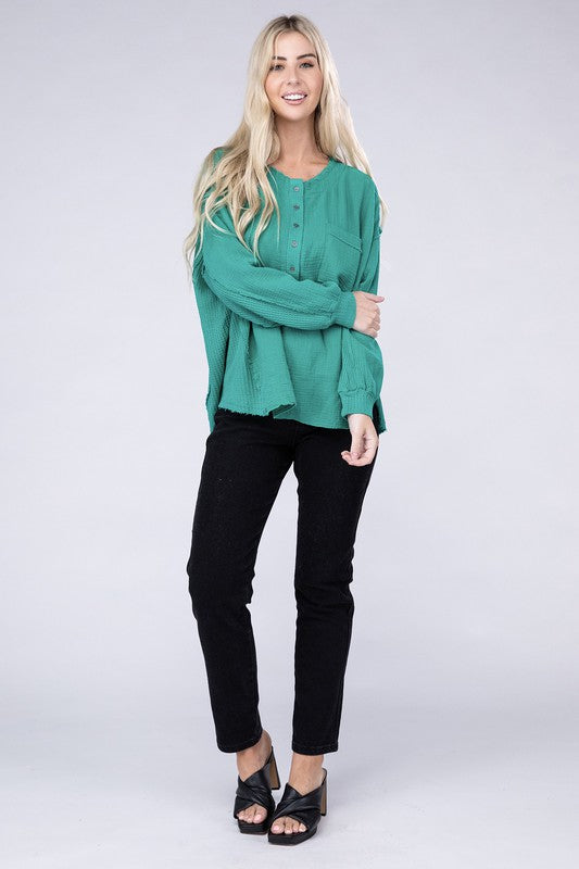 Double Gauze Oversized Henley Women's Blouse