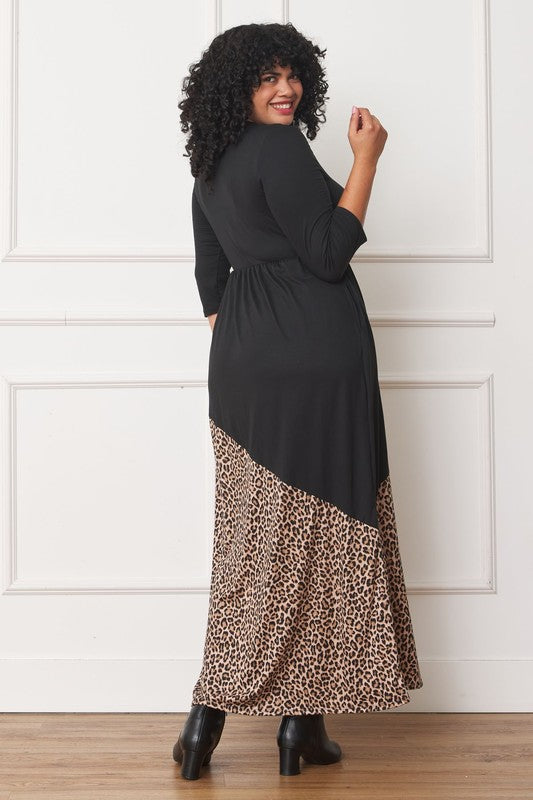 Asymmetrical Leopard Accent Maxi Dress