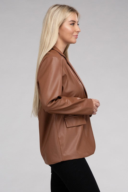 Women's Sleek Pu Leather Blazer with Front Closure