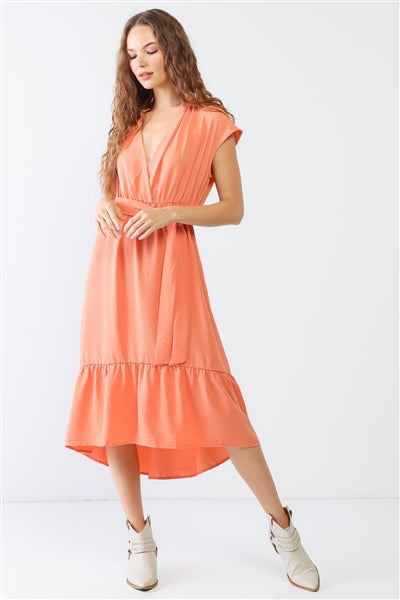 Peach Textured Wrap V-Neck Belted Flare Hem Midi Dress