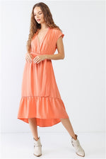 Peach Textured Wrap V-Neck Belted Flare Hem Midi Dress