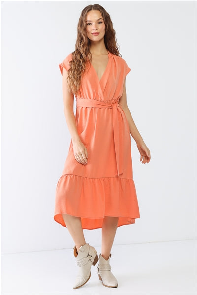 Peach Textured Wrap V-Neck Belted Flare Hem Midi Dress