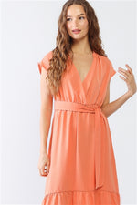 Peach Textured Wrap V-Neck Belted Flare Hem Midi Dress