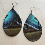 Leather Teardrop Earrings in Blue Navajo