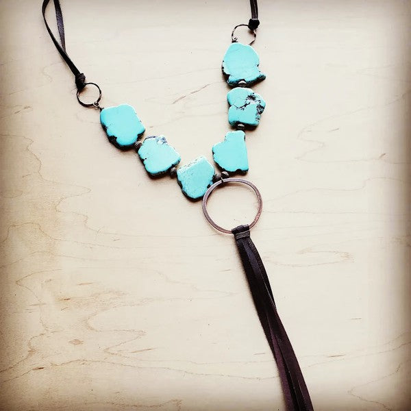 Turquoise Slab Necklace w Genuine Leather Tassel