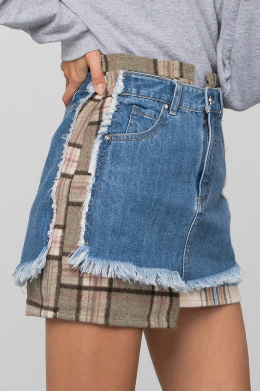 PLAID CHECKER DENIM MINI SKIRT