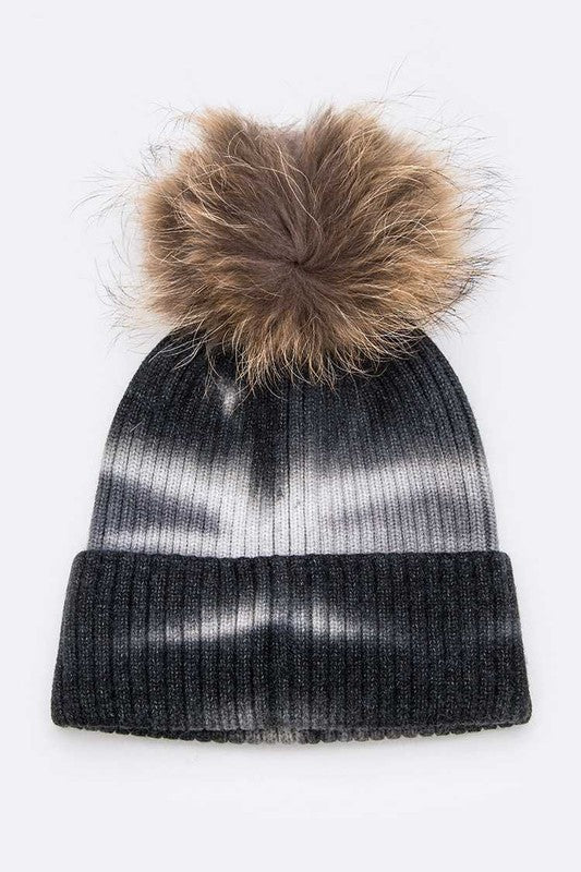 Raccoon Fur Pom Tie Dyed Cotton Blend Beanie