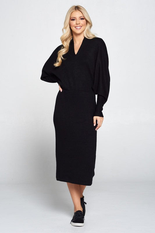 Sweater Knit Dolman Sleeve Midi Dress