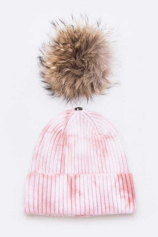 Raccoon Fur Pom Tie Dyed Cotton Blend Beanie