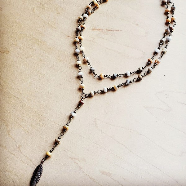 Double Lariat Natural Agate Necklace w/Feather