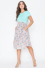 Women's Cap Sleeve Contrast Floral Midi Dress With Pockets