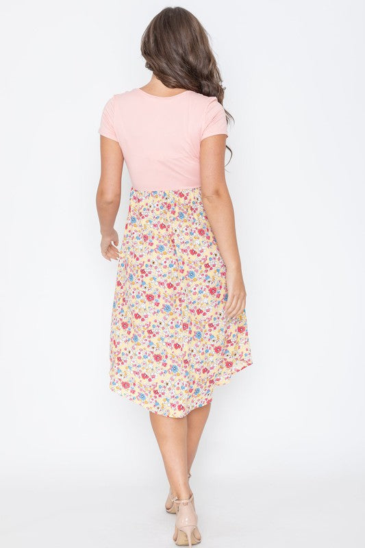 Cap Sleeve Contrast Floral Midi Dress With Pockets