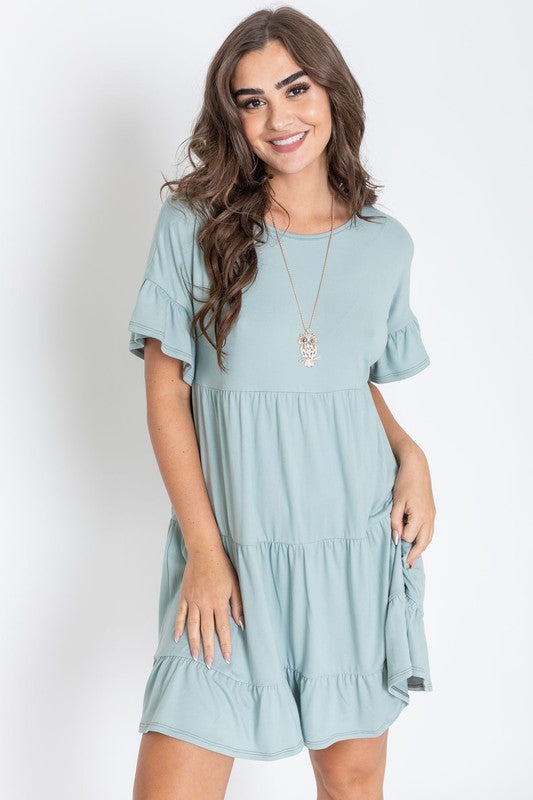 Solid Ruffle Triple Tiered Mini Dress