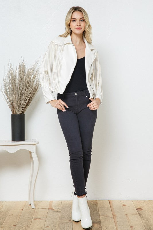 Women's Faux Leather Moto Fringe Jacket