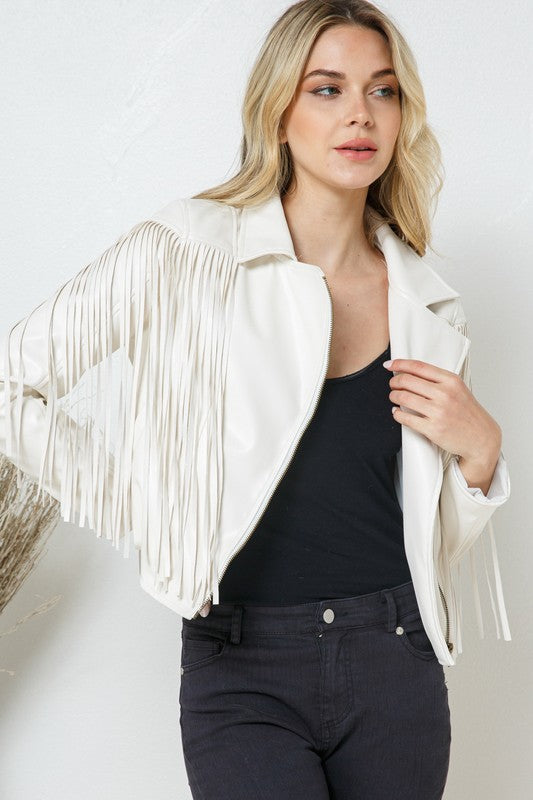 Women's Faux Leather Moto Fringe Jacket