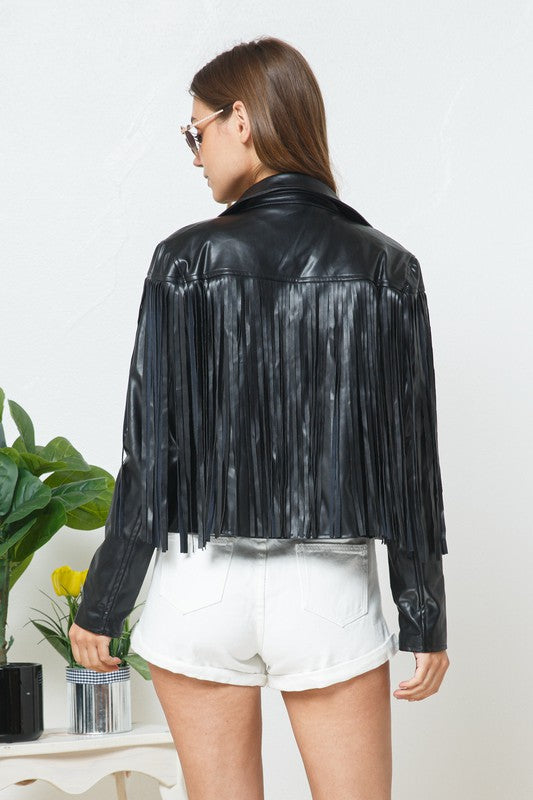 Women's Faux Leather Moto Fringe Jacket