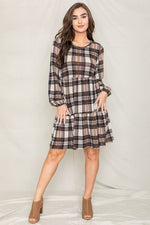 Plaid Balloon Sleeve Tiered Midi Dress