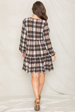 Plaid Balloon Sleeve Tiered Midi Dress