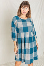 Checker Balloon Sleeve Midi Dress