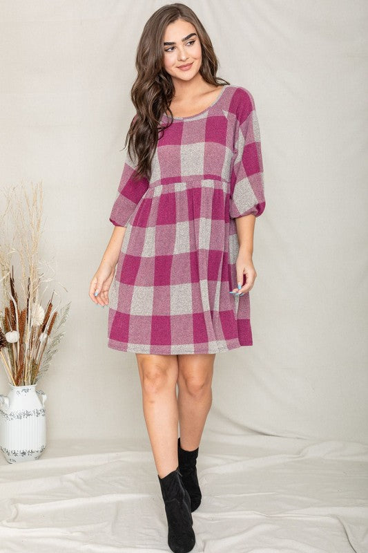 Checker Balloon Sleeve Midi Dress