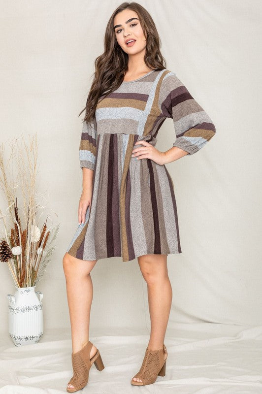 Mix Stripe Balloon Sleeve Midi Dress