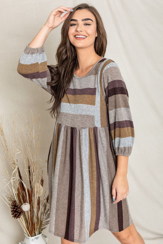 Mix Stripe Balloon Sleeve Midi Dress