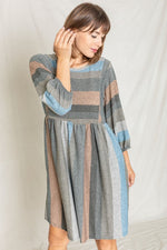 Mix Stripe Balloon Sleeve Midi Dress