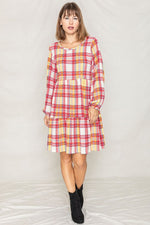 Plaid Balloon Sleeve Tiered Midi Dress