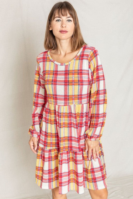 Plaid Balloon Sleeve Tiered Midi Dress