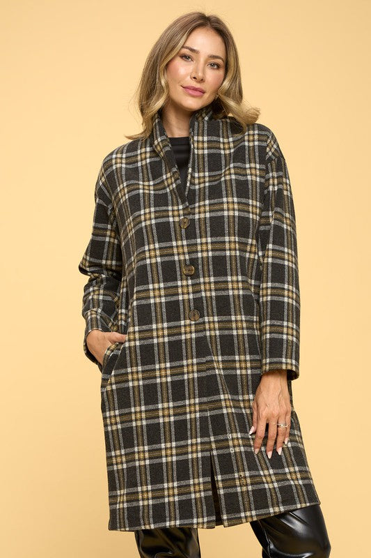 Plaid Coat with Buttons and Pockets