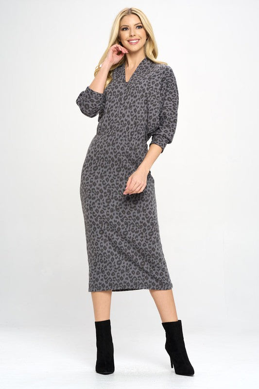 Leopard Print Knit Dolman Sleeve Midi Dress