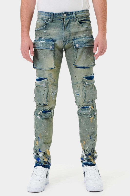 First Row Multi Cargo Slim Straight Denim