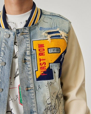 First Row Hand Drawing Leather Sleeves Denim Varsity Jacket