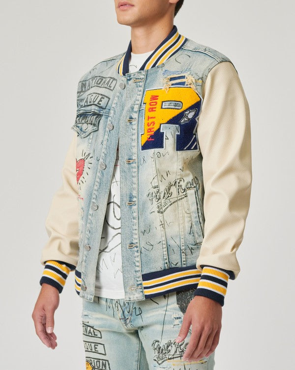 First Row Hand Drawing Leather Sleeves Denim Varsity Jacket