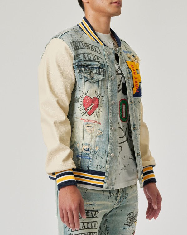 First Row Hand Drawing Leather Sleeves Denim Varsity Jacket