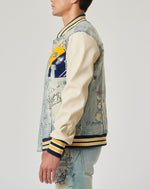 First Row Hand Drawing Leather Sleeves Denim Varsity Jacket