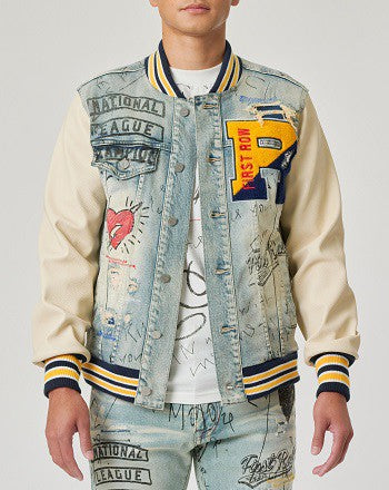 First Row Hand Drawing Leather Sleeves Denim Varsity Jacket