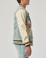 First Row Hand Drawing Leather Sleeves Denim Varsity Jacket