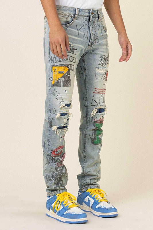 First Row All over Doodling Slim Fit Denim