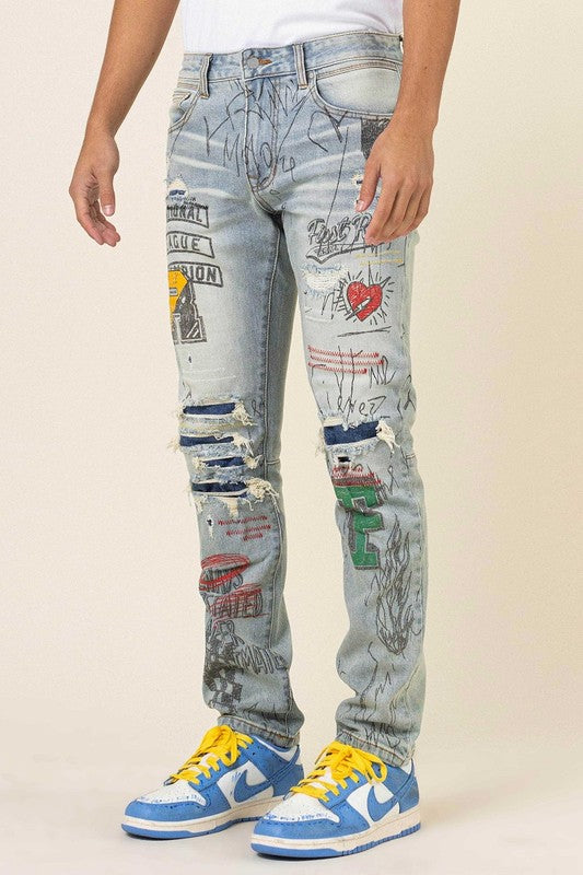 First Row All over Doodling Slim Fit Denim