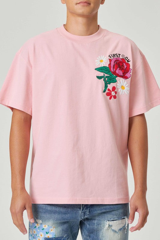 First Row Flower Embroidered Puff Tee