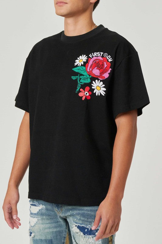 First Row Flower Embroidered Puff Tee