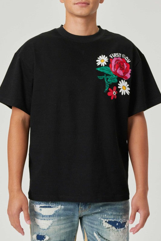 First Row Flower Embroidered Puff Tee