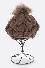 EMMEZ Cable Knit Natural Raccoon Fur Pom Beret