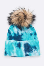 Tie Dyed Natural Raccoon Fur Pom Beanie