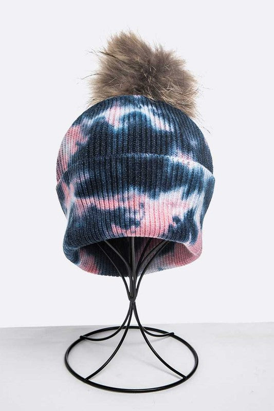 Tie Dyed Natural Raccoon Fur Pom Beanie